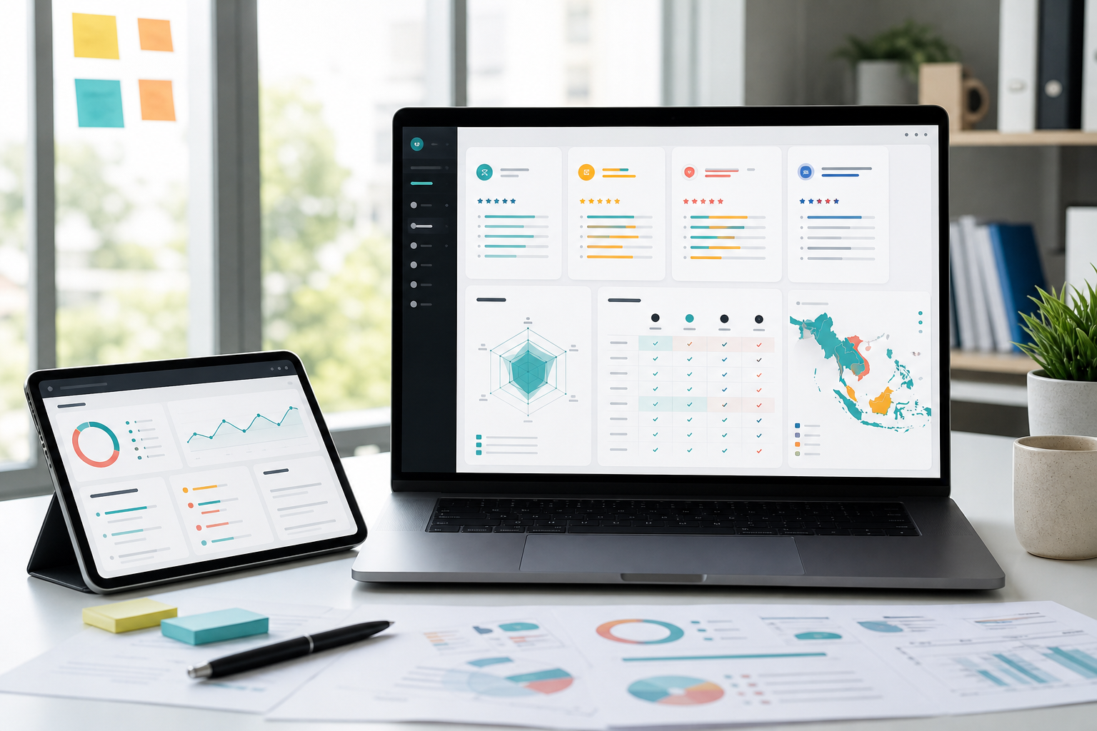 Software comparison dashboard with rating cards and Southeast Asia map